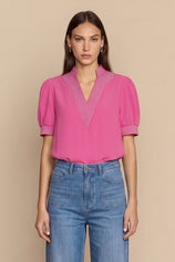 Womens Pink Puff Short Sleeve Blouses | CicyBell