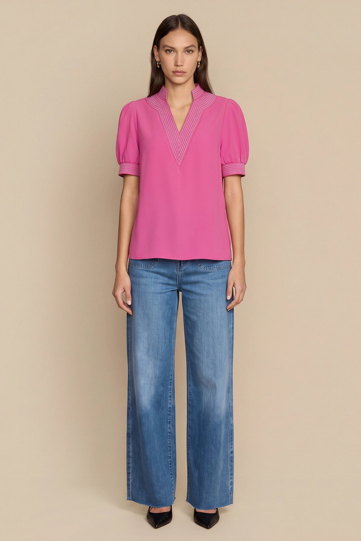 Womens Pink Puff Short Sleeve Blouses | CicyBell