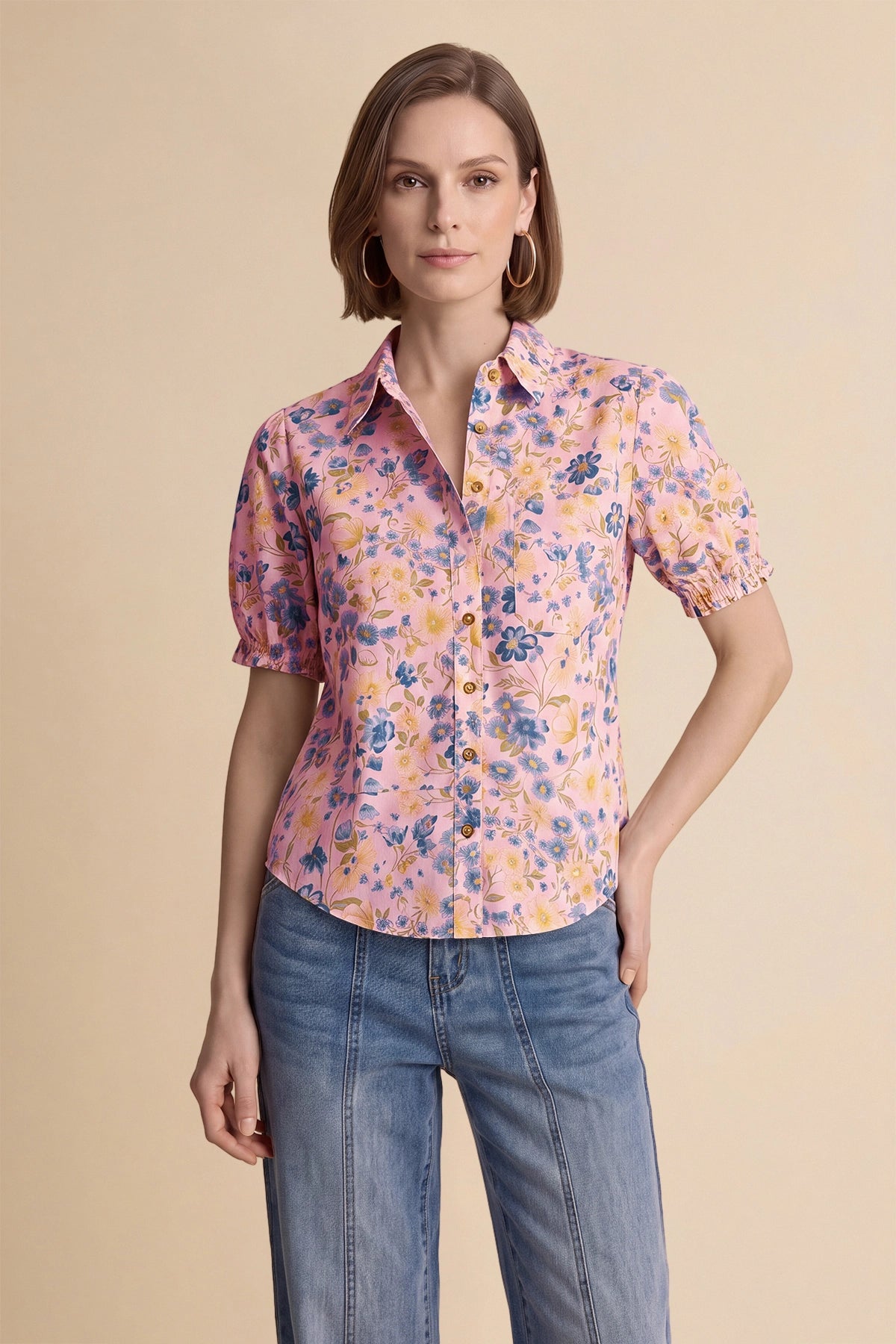 Womens Pink Floral Printed Button Down Shirts | CicyBell