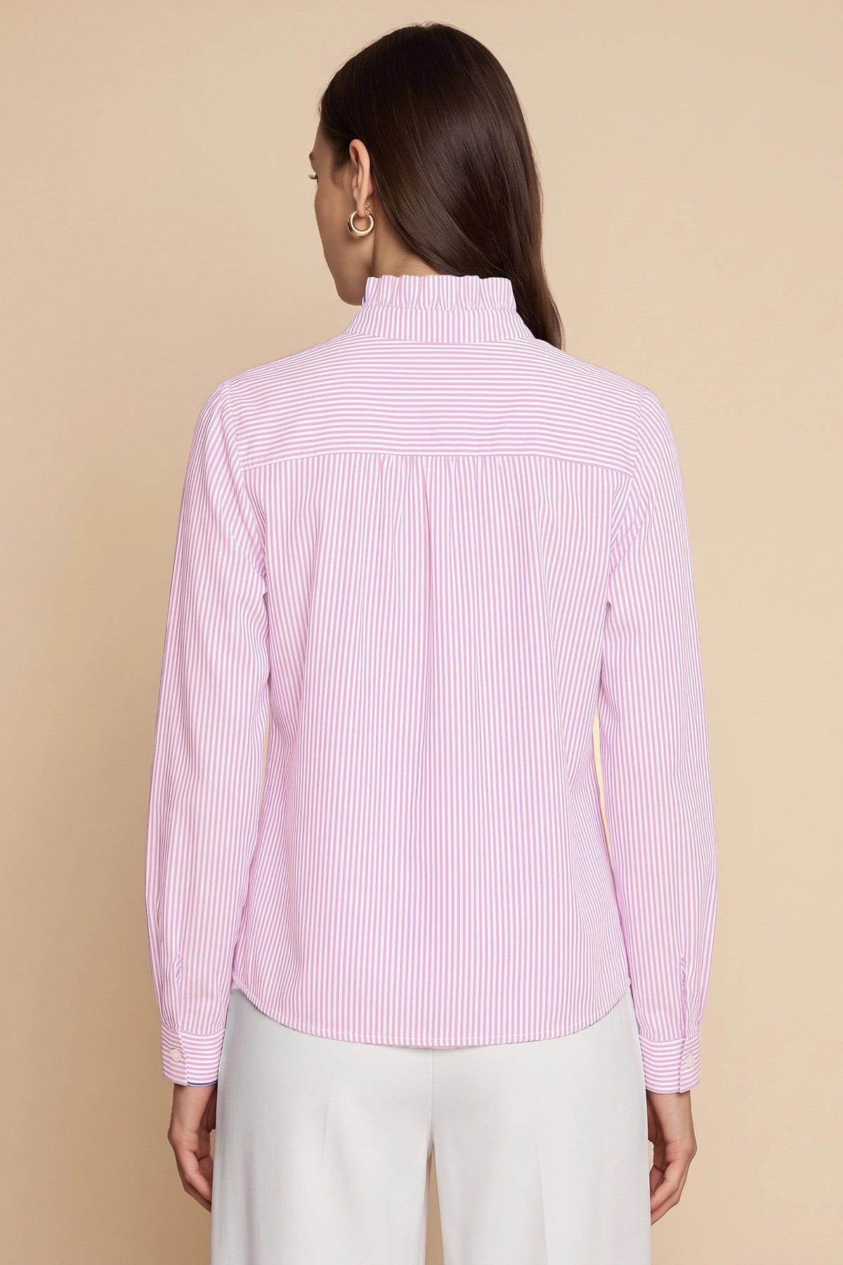 Womens Pink  Ruffle Striped Button Down Shirts | CicyBell