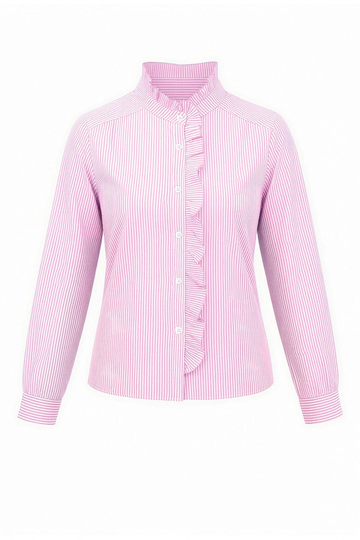 Womens Pink  Ruffle Striped Button Down Shirts | CicyBell