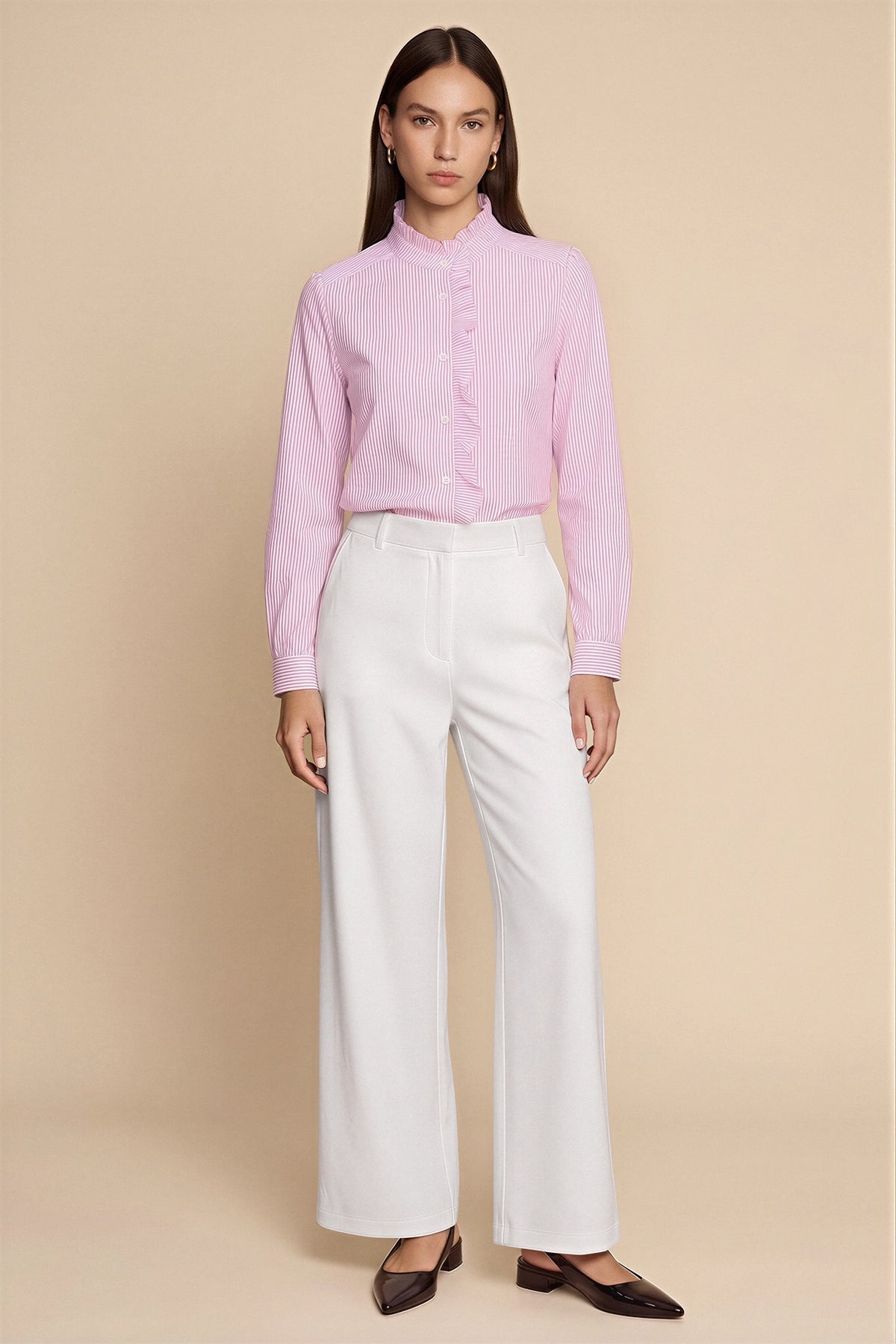 Womens Pink  Ruffle Striped Button Down Shirts | CicyBell