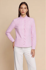 Womens Pink  Ruffle Striped Button Down Shirts | CicyBell