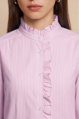 Womens Pink  Ruffle Striped Button Down Shirts | CicyBell