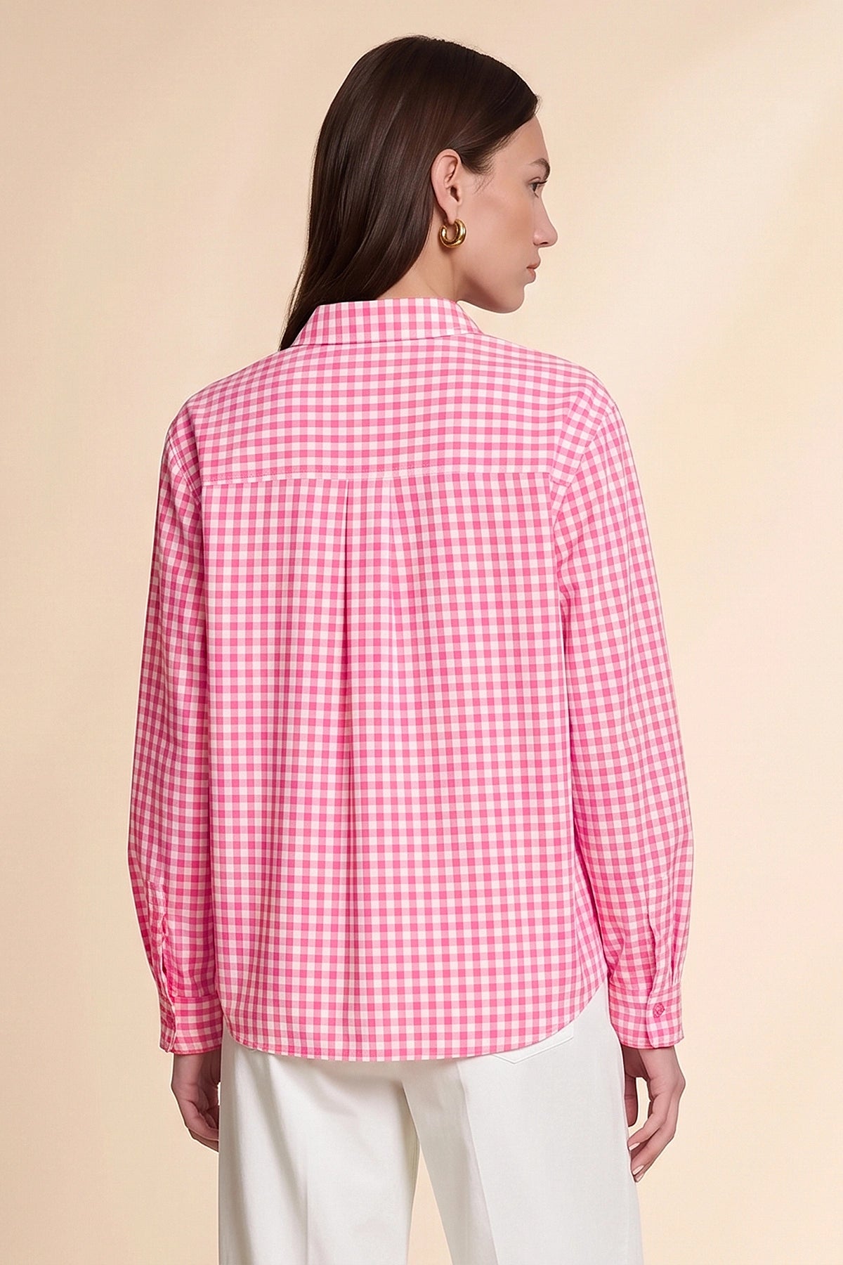 Womens Pink Plaid Ruffle V-Neck Shirts | CicyBell