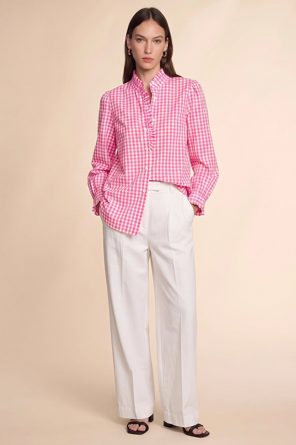 Womens Pink Plaid Ruffle V-Neck Shirts | CicyBell
