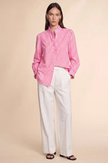Womens Pink Plaid Ruffle V-Neck Shirts | CicyBell
