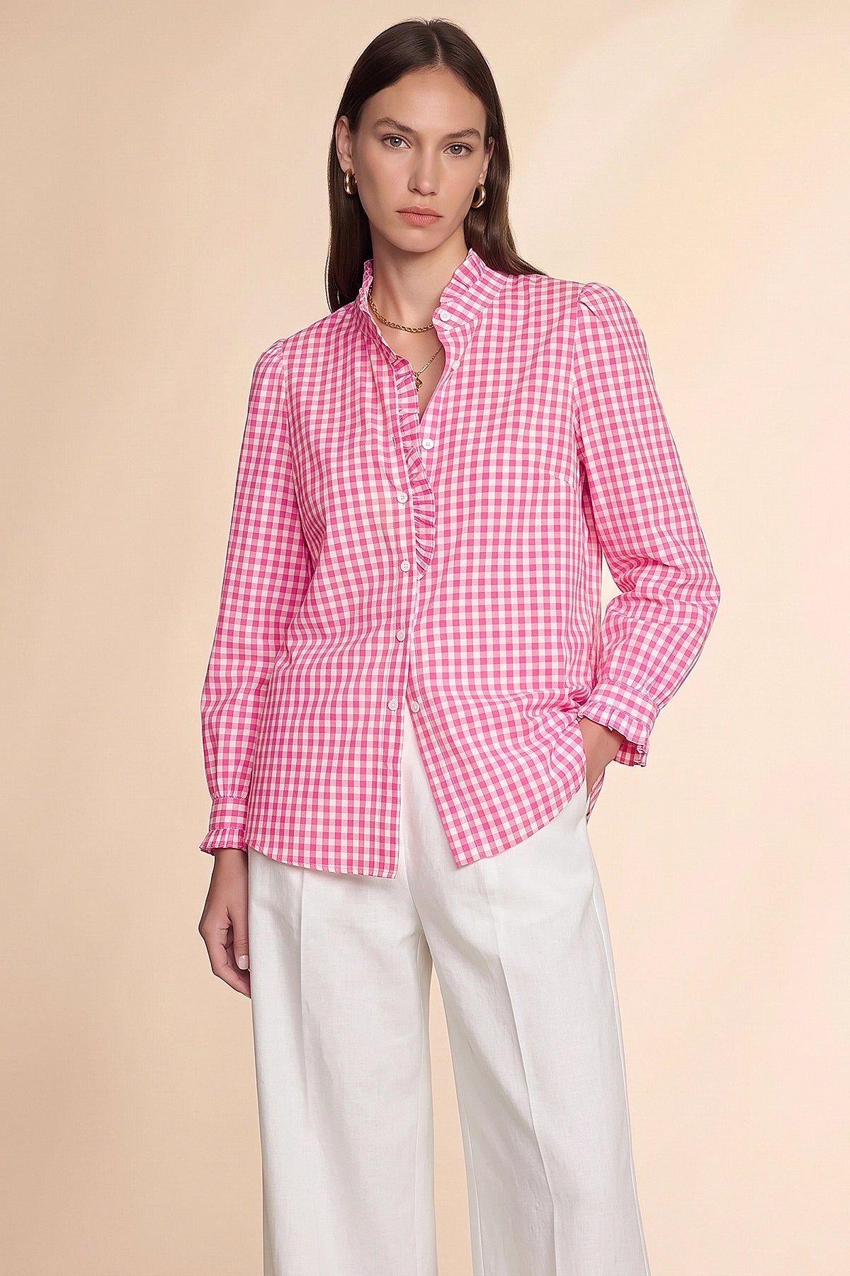 Womens Pink Plaid Ruffle V-Neck Shirts | CicyBell