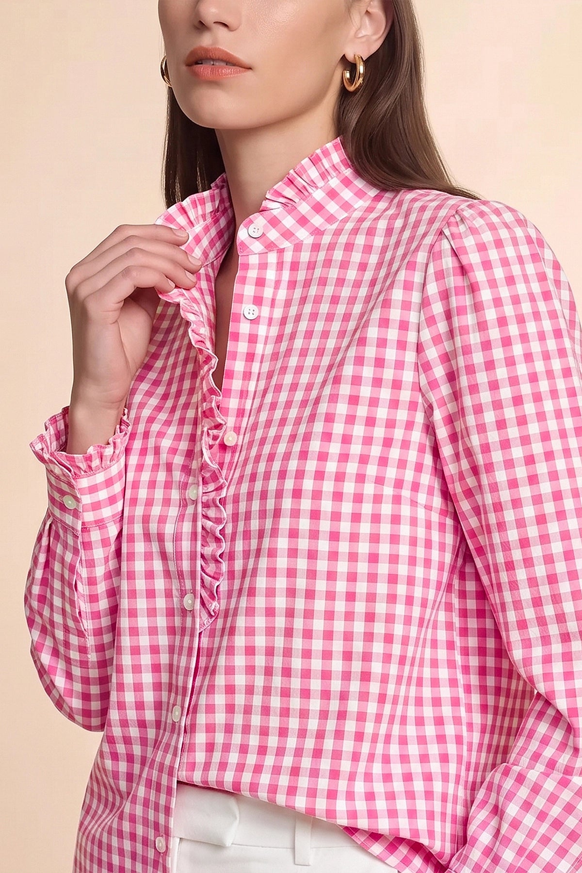 Womens Pink Plaid Ruffle V-Neck Shirts | CicyBell