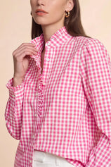 Womens Pink Plaid Ruffle V-Neck Shirts | CicyBell
