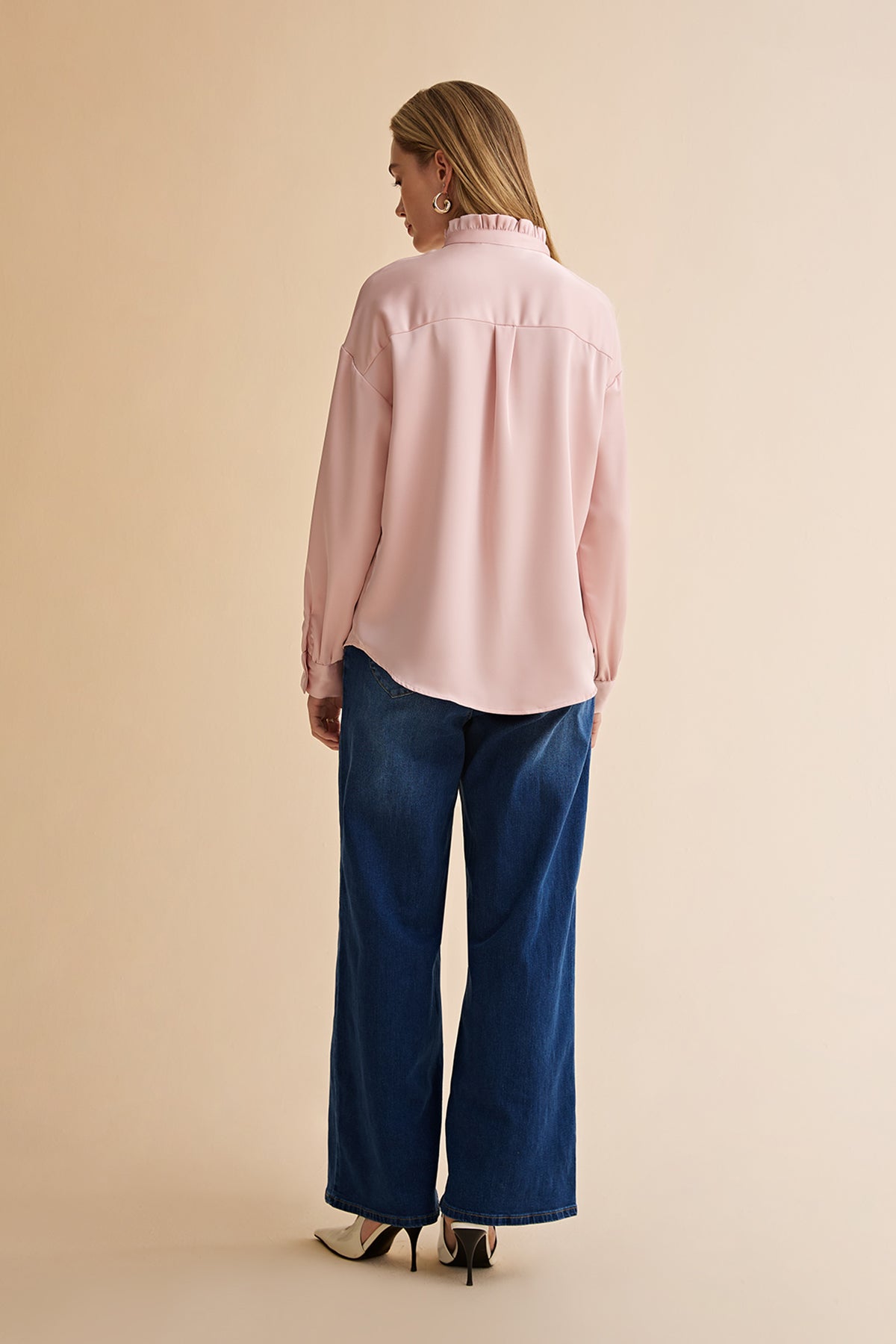 Womens Pink Ruffle Collar Satin Blouses | CicyBell