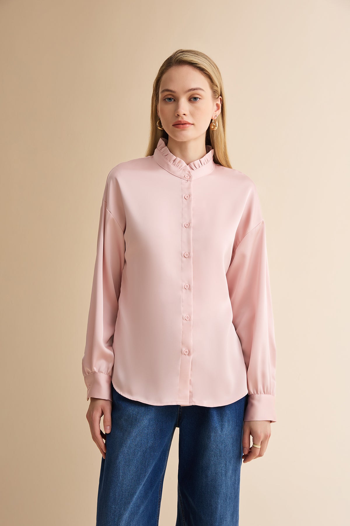 Womens Pink Ruffle Collar Satin Blouses | CicyBell