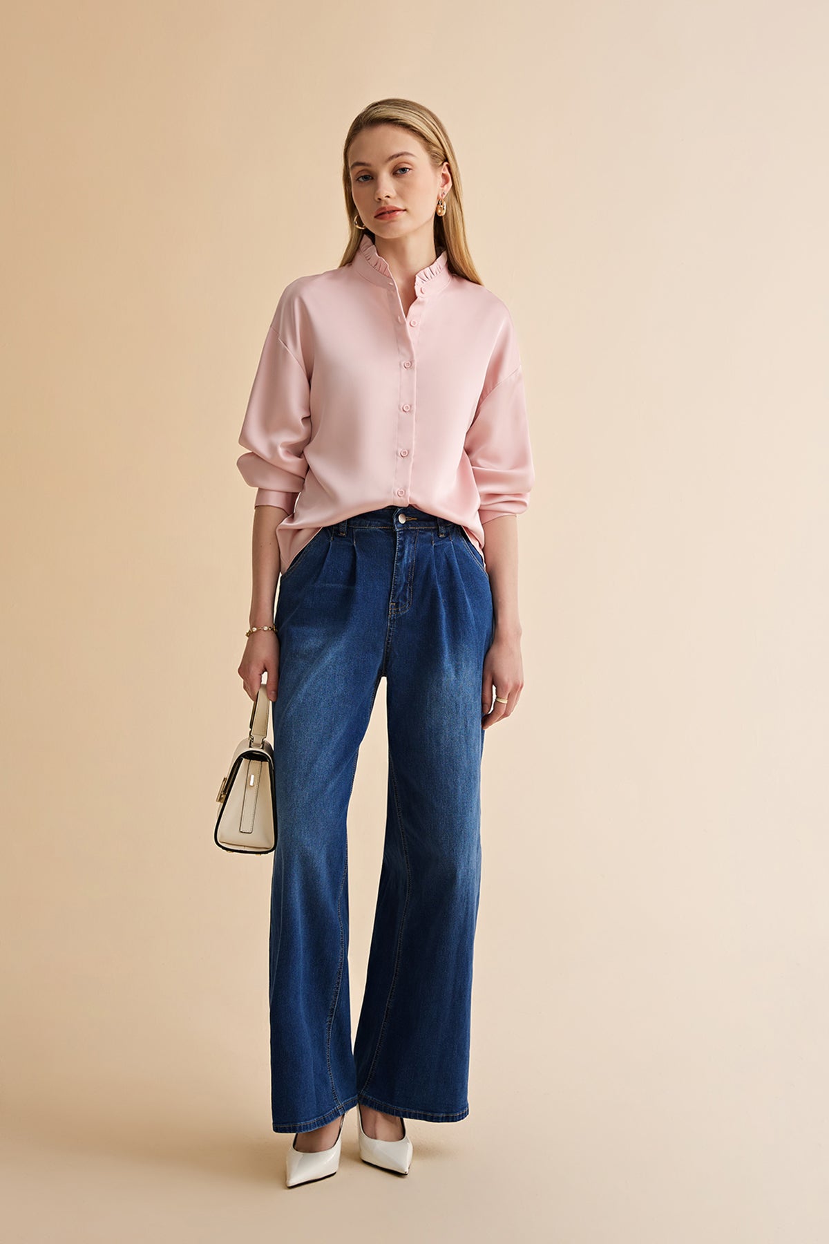 Womens Pink Ruffle Collar Satin Blouses | CicyBell