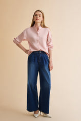 Womens Pink Ruffle Collar Satin Blouses | CicyBell