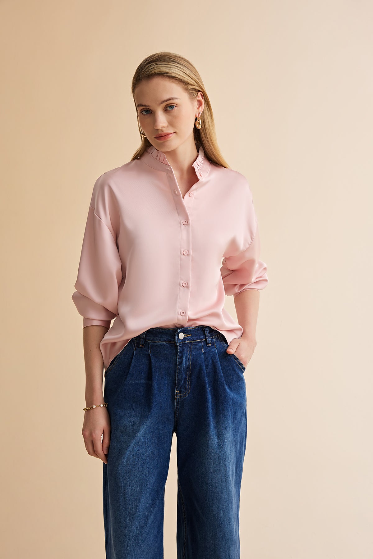 Womens Pink Ruffle Collar Satin Blouses | CicyBell