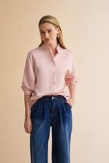 Womens Pink Ruffle Collar Satin Blouses | CicyBell