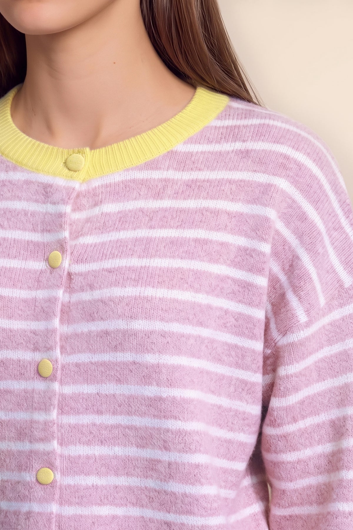 Women Pink Striped Button Down Sweater | CicyBell