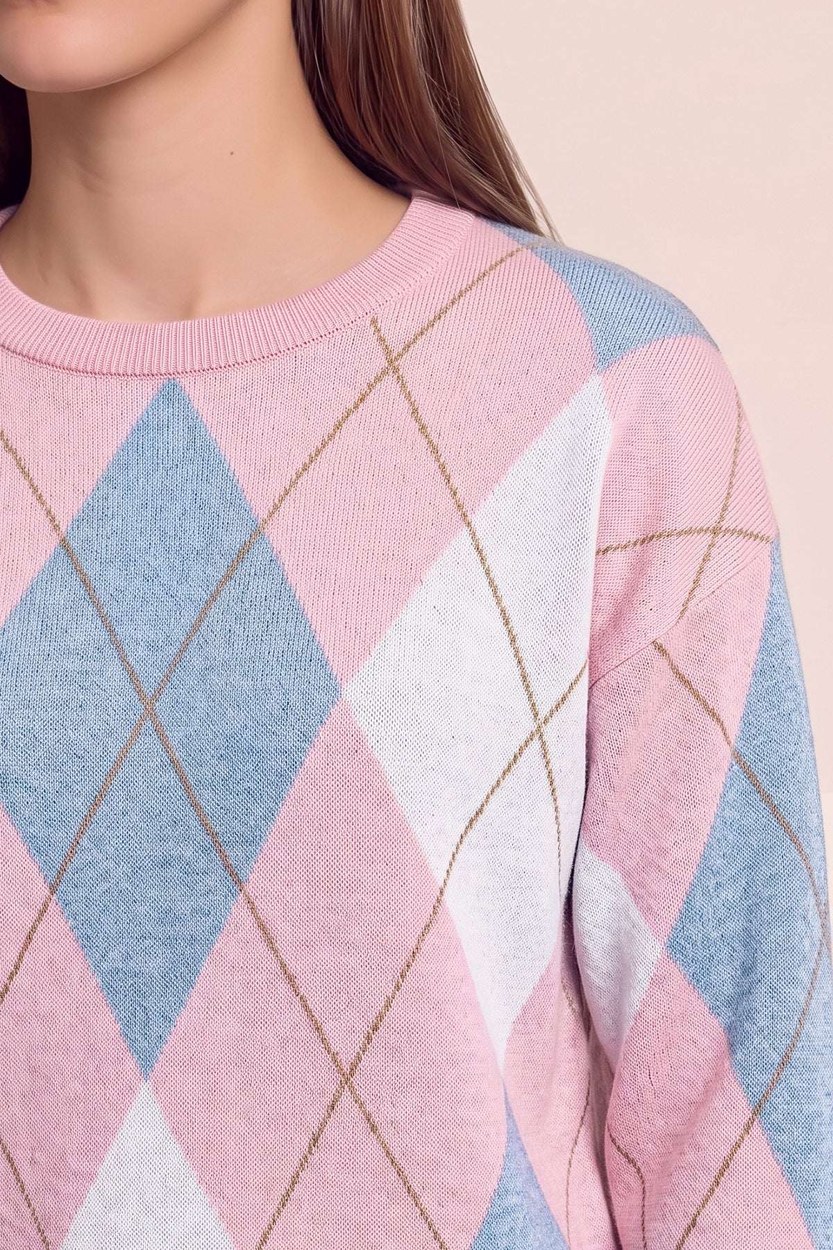 Womens Pink  Crew Neck Argyle Sweater | CicyBell