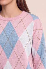 Womens Pink  Crew Neck Argyle Sweater | CicyBell