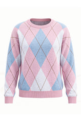 Womens Pink  Crew Neck Argyle Sweater | CicyBell