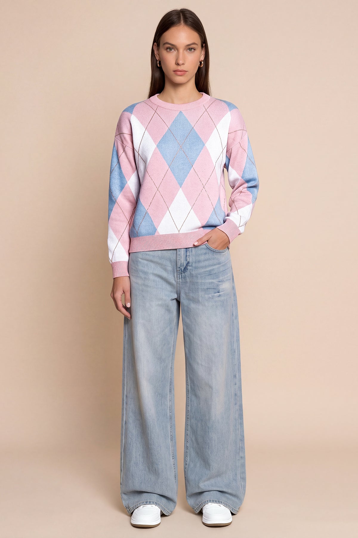 Womens Pink  Crew Neck Argyle Sweater | CicyBell