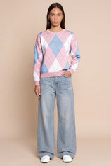 Womens Pink  Crew Neck Argyle Sweater | CicyBell