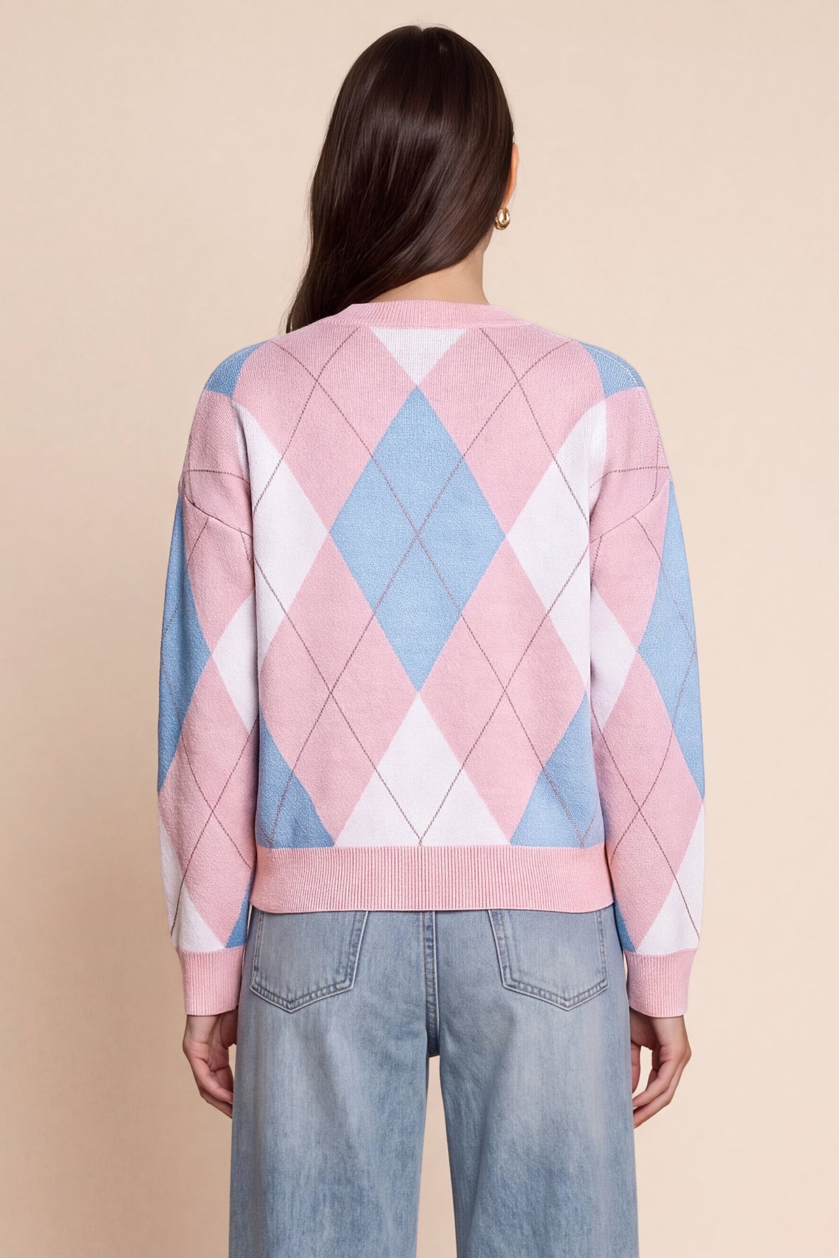 Womens Pink  Crew Neck Argyle Sweater | CicyBell