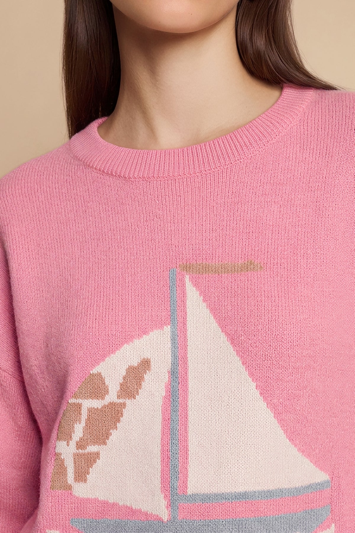 Womens Pink  Boat Graphic Knit Sweaters | CicyBell