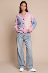 Women Pink Plaid Color Block Cardigan | CicyBell