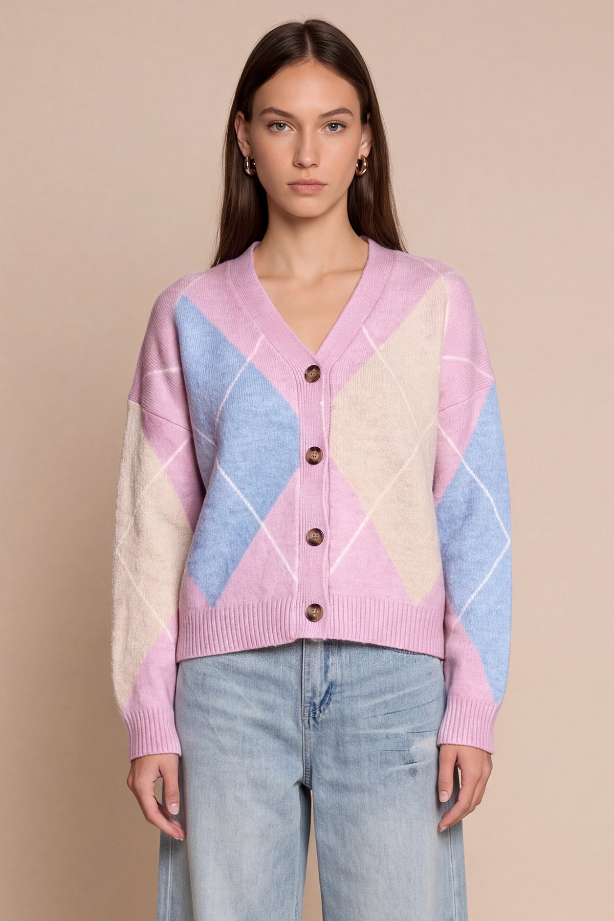 Women Pink Plaid Color Block Cardigan | CicyBell