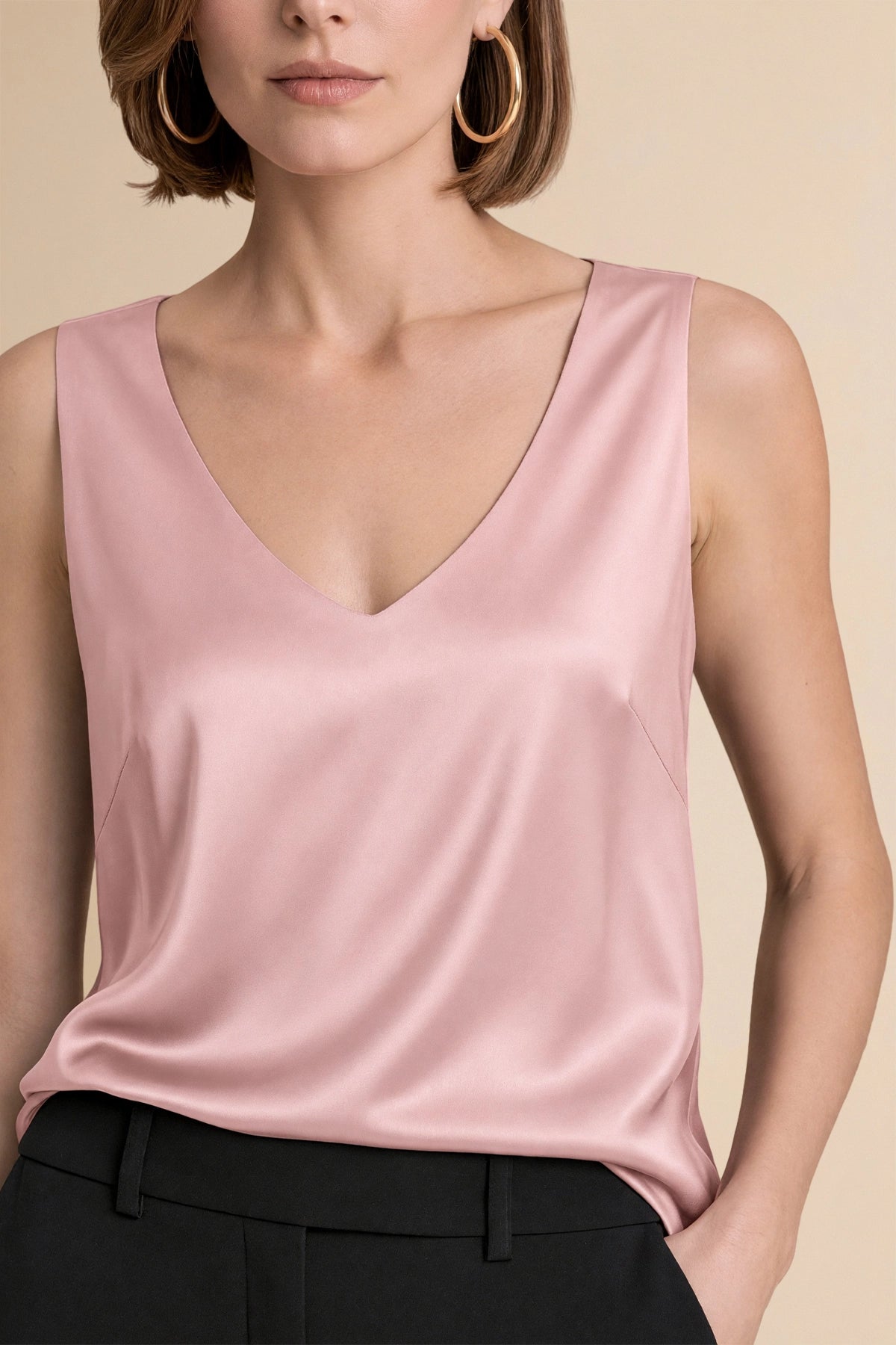 Womens Pink V Neck Satin Tank Tops  | CicyBell