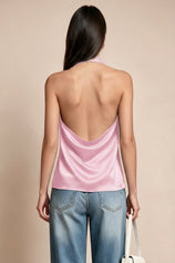Women Pink Summer Satin Halter Tank Tops | CicyBell