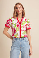 Womens Pink Floral Puff Short Sleeve Tops  | CicyBell