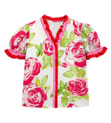 Womens Pink Floral Puff Short Sleeve Tops  | CicyBell