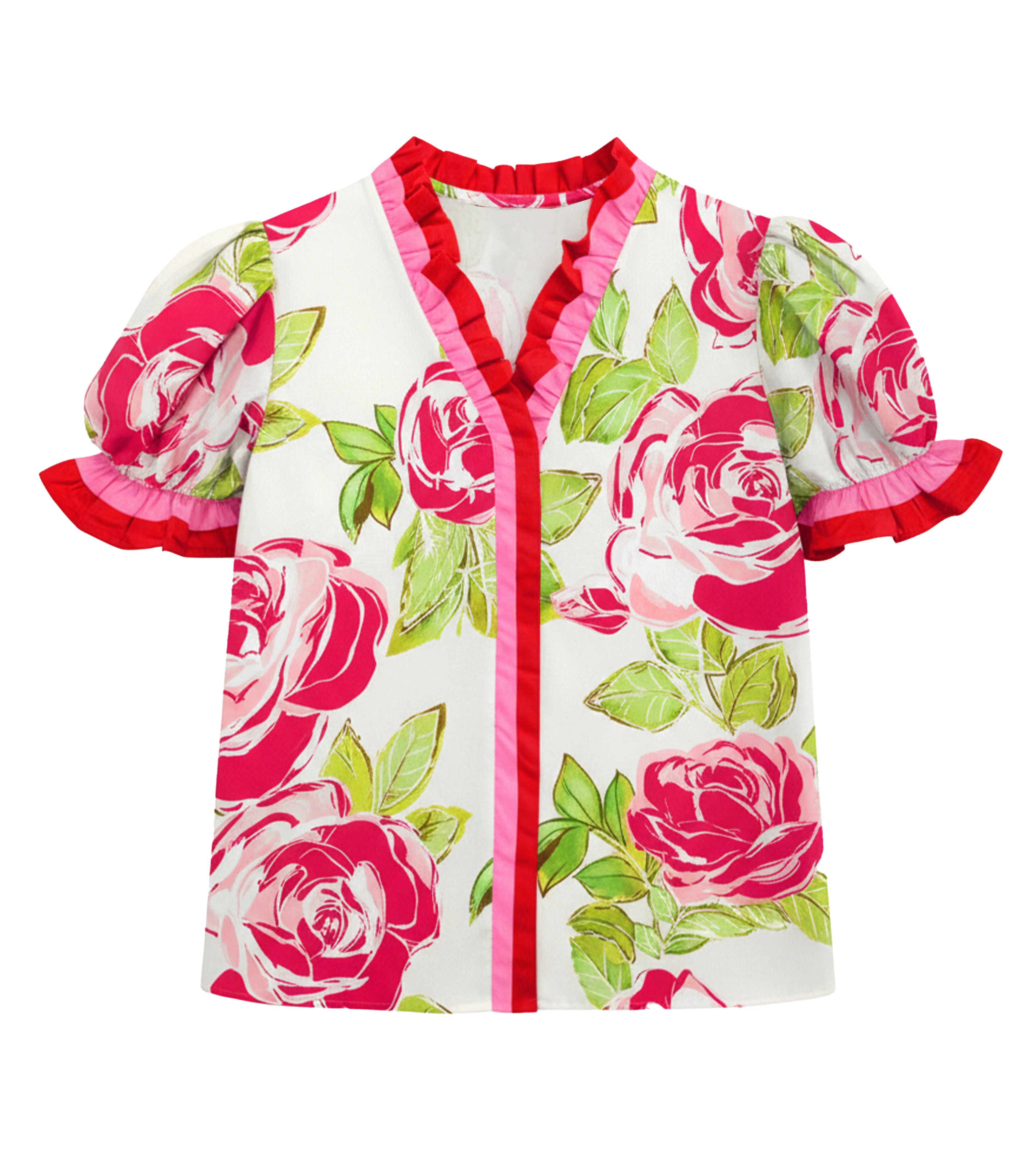 Womens Pink Floral Puff Short Sleeve Tops  | CicyBell