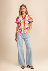 Womens Pink Floral Puff Short Sleeve Tops  | CicyBell