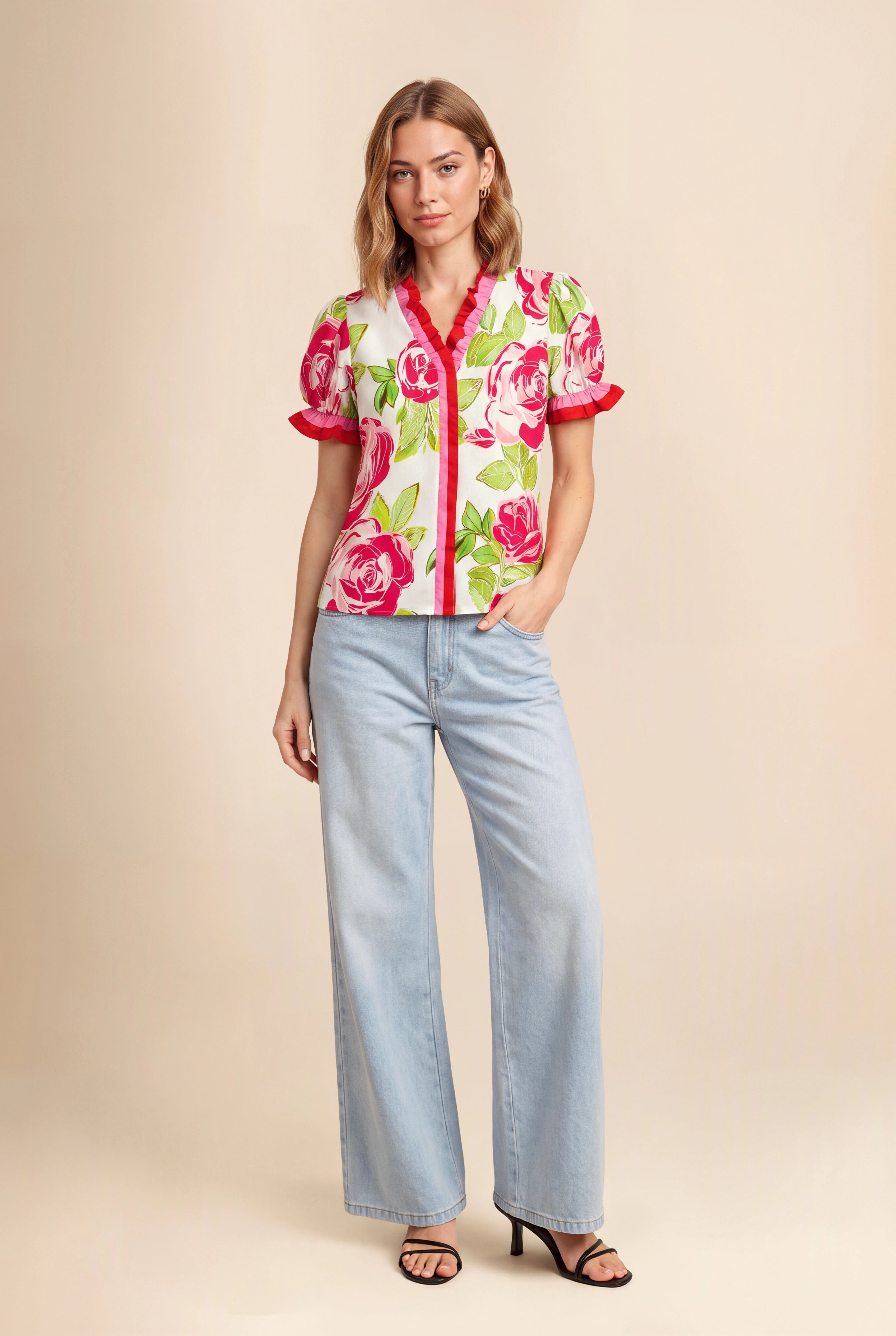 Womens Pink Floral Puff Short Sleeve Tops  | CicyBell