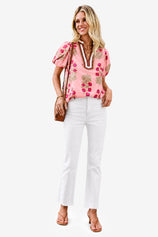 Womens Pink Floral Short Puff Sleeve Tops  | CicyBell
