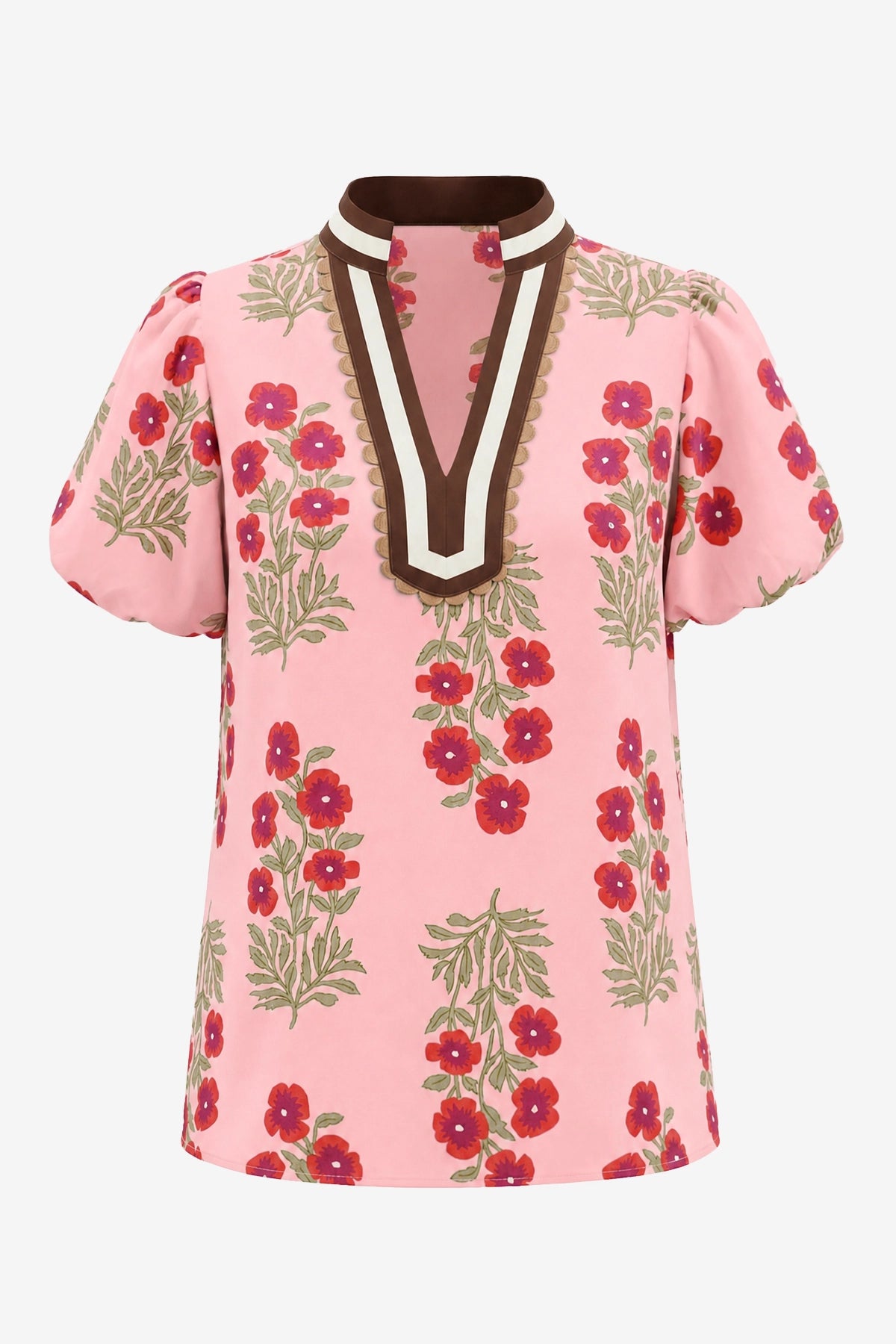Womens Pink Floral Short Puff Sleeve Tops  | CicyBell