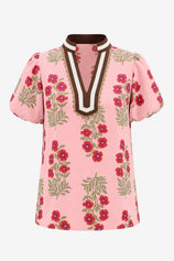 Womens Pink Floral Short Puff Sleeve Tops  | CicyBell