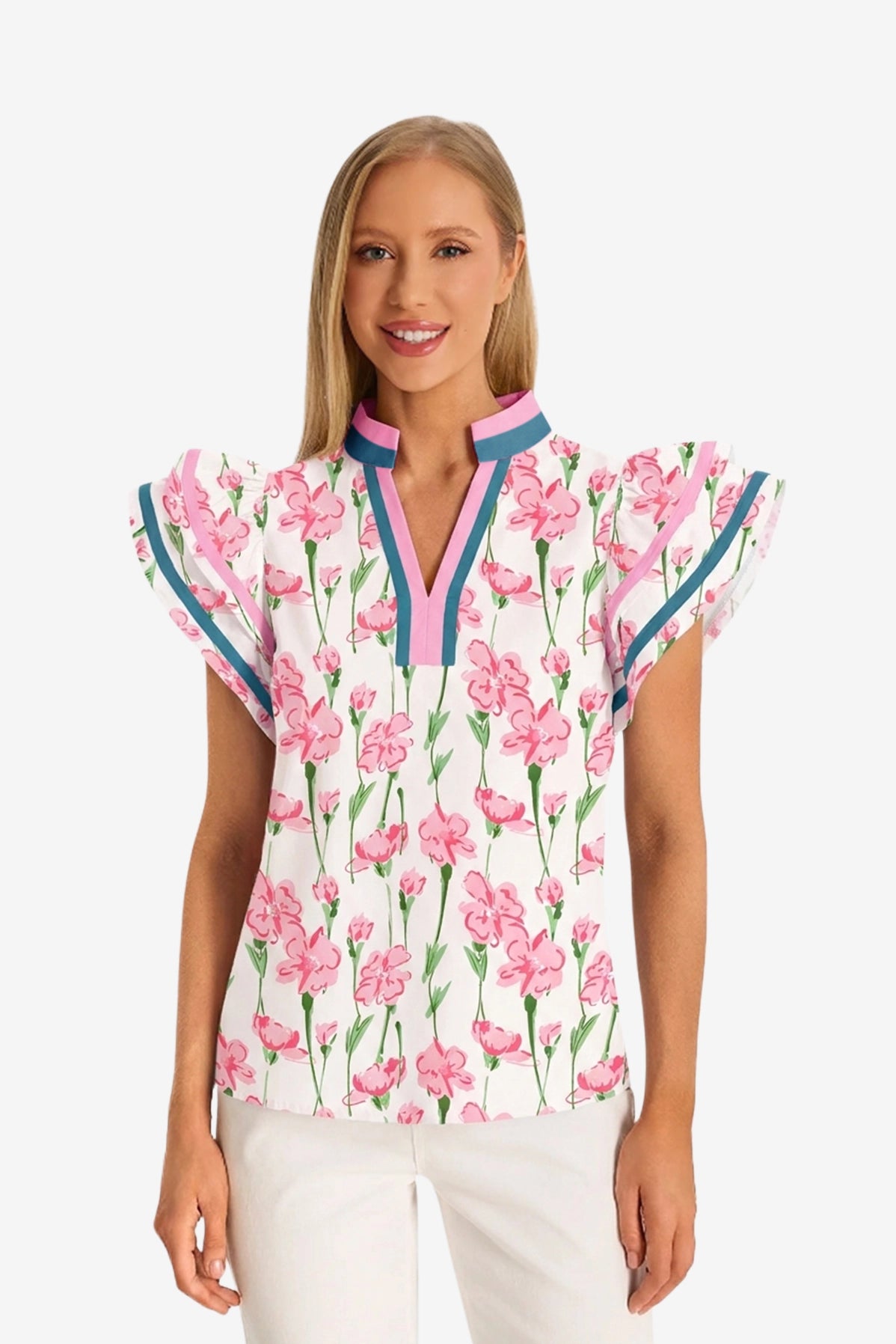 Womens Pink Print Ruffle Cap Sleeve Tops | CicyBell