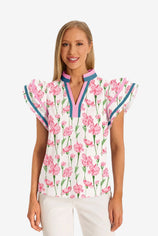 Womens Pink Print Ruffle Cap Sleeve Tops | CicyBell
