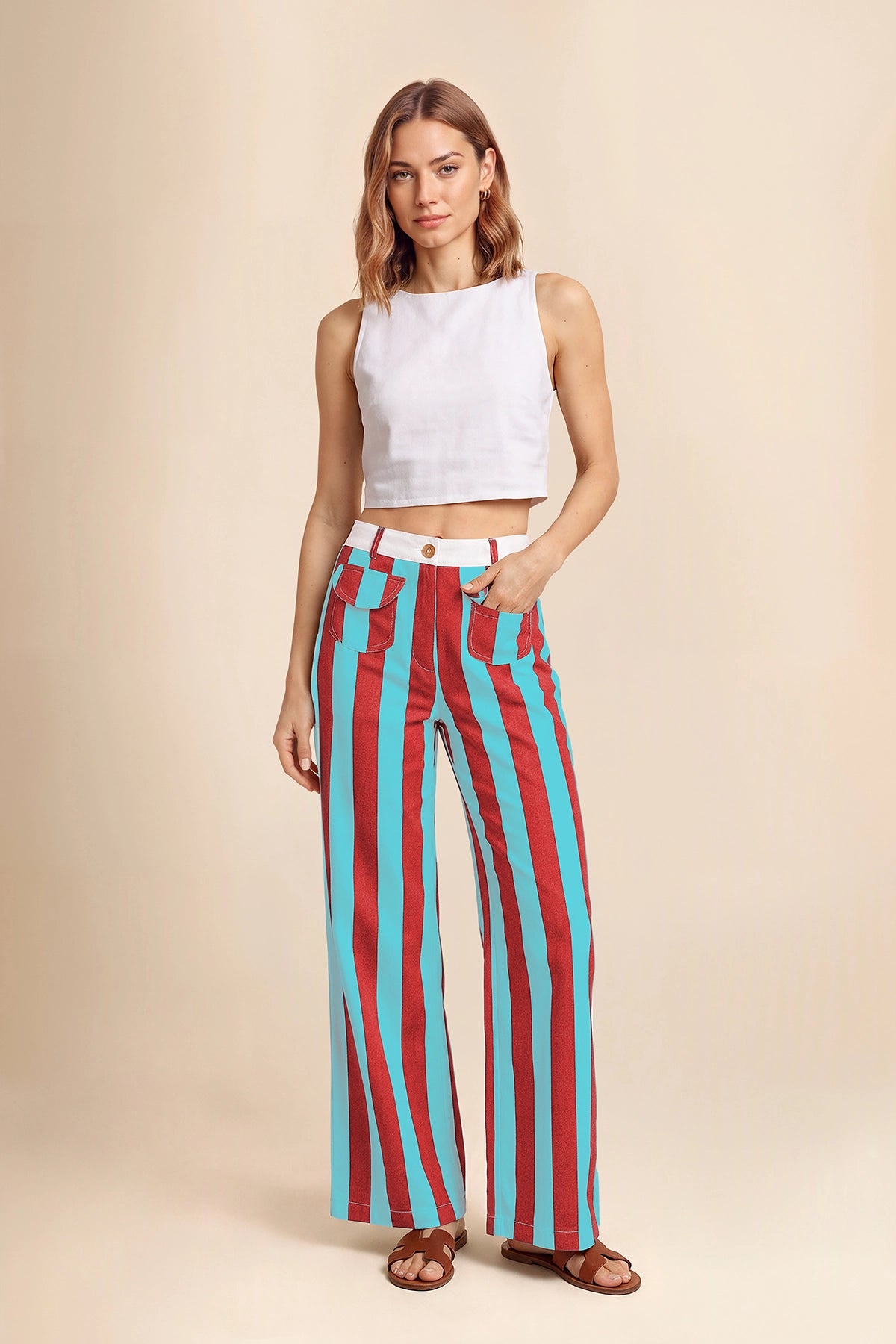 Womens Pink&blue Striped Wide Leg Jeans| CicyBell