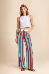 Womens Pink&blue Striped Wide Leg Jeans| CicyBell