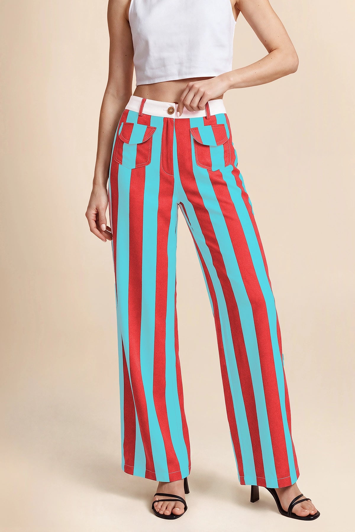 Womens Pink&blue Striped Wide Leg Jeans| CicyBell