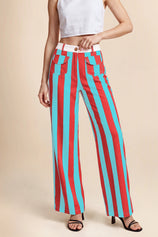 Womens Pink&blue Striped Wide Leg Jeans| CicyBell