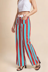 Womens Pink&blue Striped Wide Leg Jeans| CicyBell