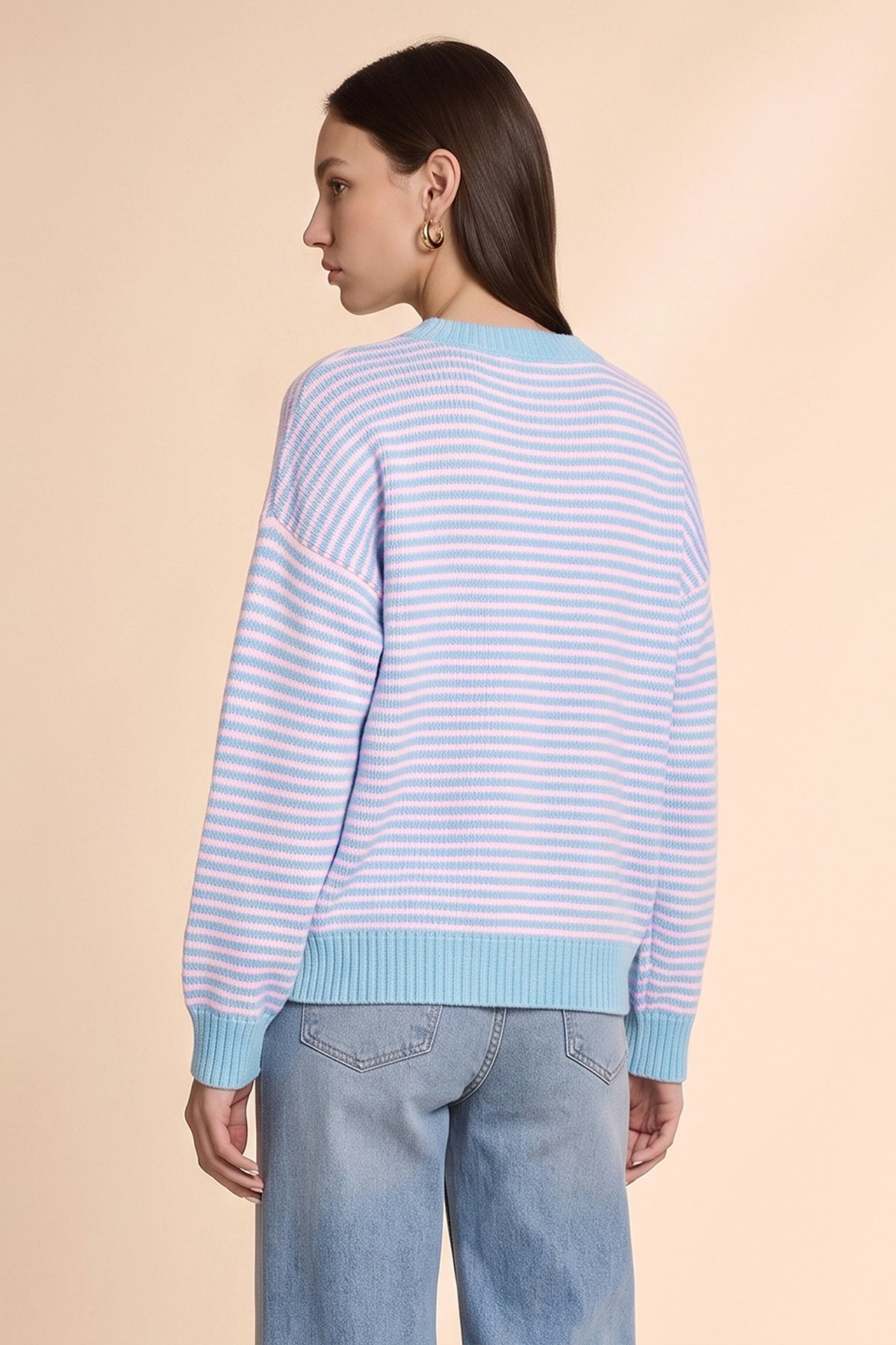 Womens Pink&blue Color Block Striped Sweater | CicyBell