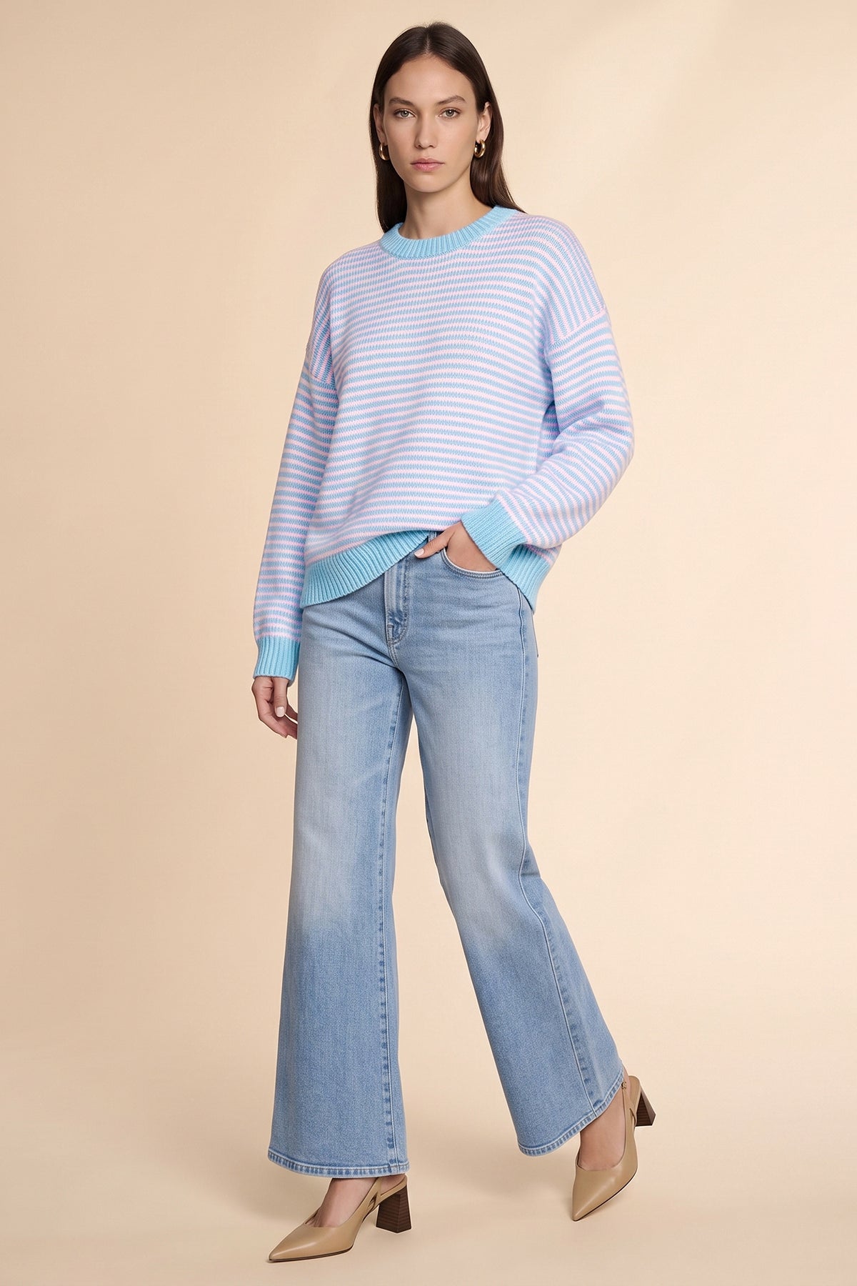 Womens Pink&blue Color Block Striped Sweater | CicyBell