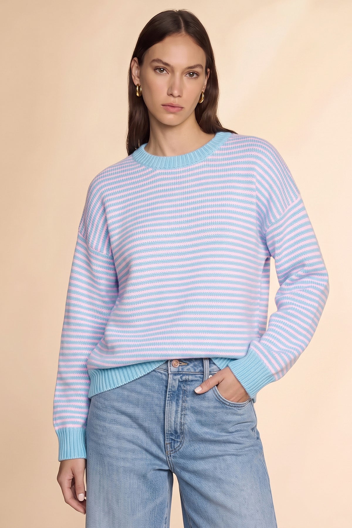 Womens Pink&blue Color Block Striped Sweater | CicyBell